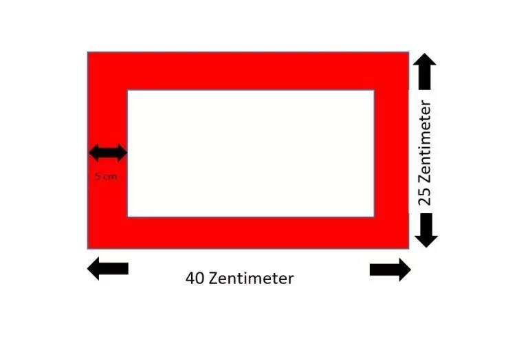 Cadre rectangulaire rouge avec surface int&eacute;rieure blanche, fl&egrave;che double noire en bas libell&eacute;e '40 Zentimeter', fl&egrave;che double noire &agrave; droite libell&eacute;e '25 Zentimeter' et petite fl&egrave;che double noire &agrave; gauche