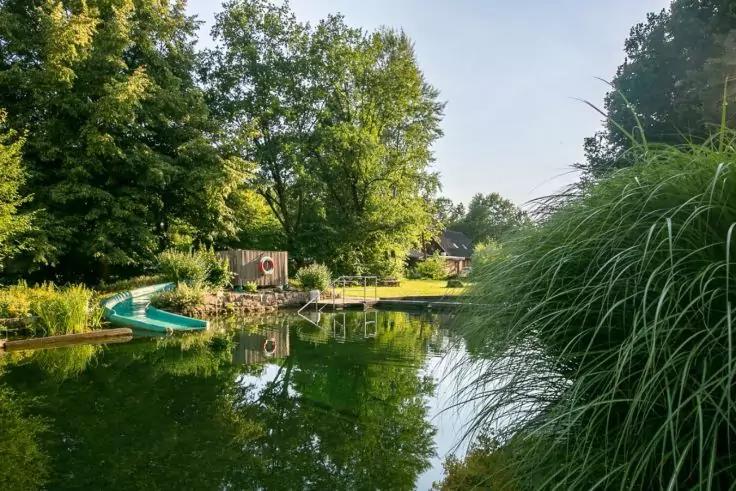 Étang reflétant des arbres, toboggan aquatique vert courbé à gauche, ponton en bois et bouée de sauvetage, hautes herbes au premier plan, petite maison en arrière-plan