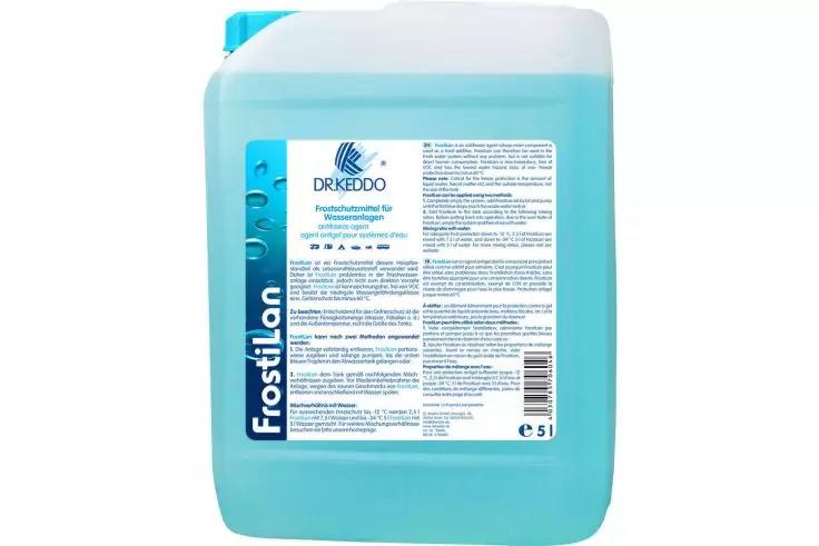 Tanica di plastica blu con liquido azzurro chiaro ed etichetta bianca; scritta laterale "Frostilan" e logo blu