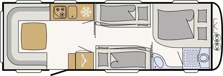 Pianta interna di un camper con a sinistra dinette a U e tavolo, angolo cottura con lavello, piano cottura e frigorifero, due letti singoli al centro, letto trasversale a destra, bagno con WC, lavabo e doccia, ingresso in basso