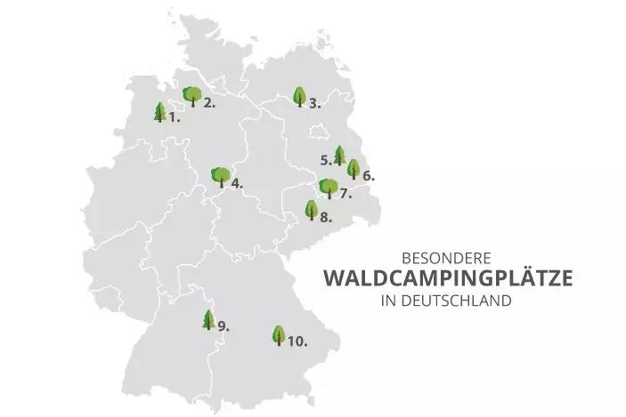 Mappa della Germania in grigio chiaro con confini interni bianchi, dieci icone di alberi verdi con numeri neri e a destra la scritta 'BESONDERE WALDCAMPINGPL&Auml;TZE IN DEUTSCHLAND'