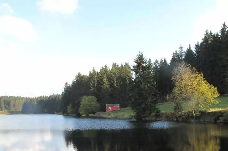 Lago con riflessi, riva erbosa con alberi sempreverdi, piccolo edificio rosso sulla riva, cielo chiaro con poche nuvole