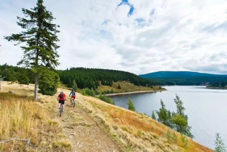 Due ciclisti su un sentiero sterrato lungo un lago, conifere a sinistra, acqua e colline boscose a destra sotto un cielo nuvoloso