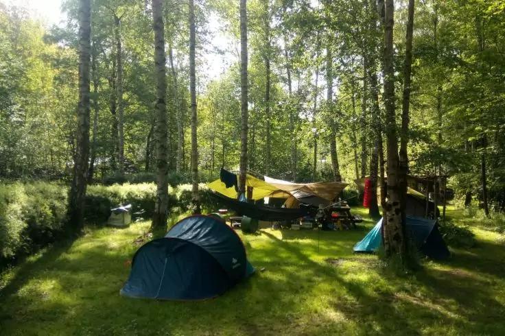 Due tende blu sono piazzate in una radura soleggiata nel bosco; sullo sfondo, diverse imbarcazioni capovolte riposano su una rastrelliera tra gli alberi