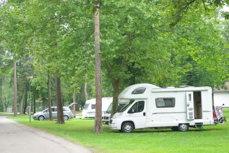 Camper bianco sull'erba sotto gli alberi, altri camper sullo sfondo, strada a sinistra