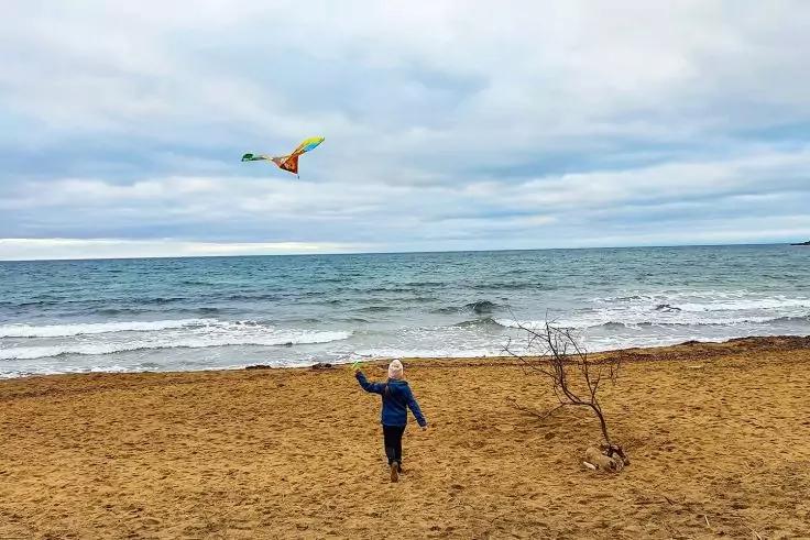 Persona su una spiaggia sabbiosa che tiene la corda di un aquilone colorato; mare con onde e cielo nuvoloso, piccolo cespuglio spoglio nella sabbia