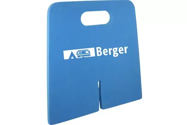 Pannello rettangolare blu con angoli arrotondati, apertura centrale per impugnatura in alto, fessura verticale al centro in basso, scritta bianca "Berger" e pittogramma bianco a sinistra, su sfondo bianco