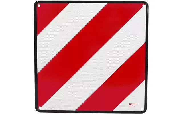 Piastra quadrata bianca con strisce diagonali rosse, bordo nero e fori di fissaggio agli angoli