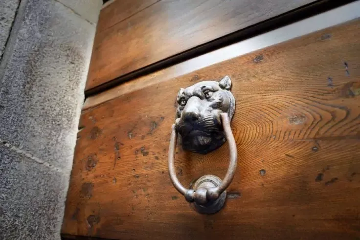 Battacchio da porta in metallo a forma di testa di leone su una porta di legno, muro in pietra visibile a sinistra