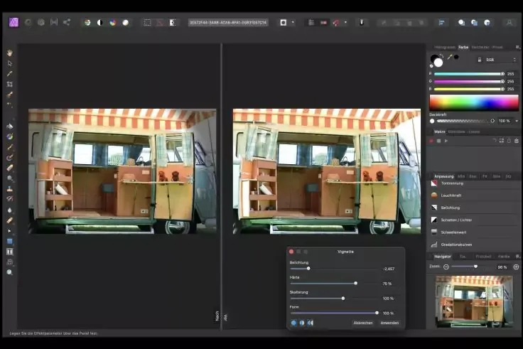 Screenshot di un programma di fotoritocco con due foto affiancate dell'interno di un camper; visibili: tenda a righe, mobili in legno, finestre, angolo cucina, barra laterale destra con strumenti e pannelli colori
