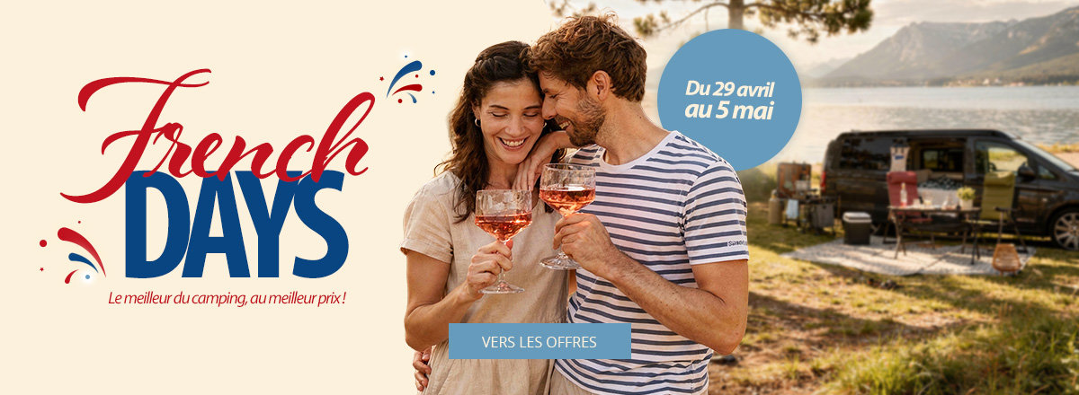 Bannière rouge avec texte blanc 'French Days' et un bouton bleu en dessous