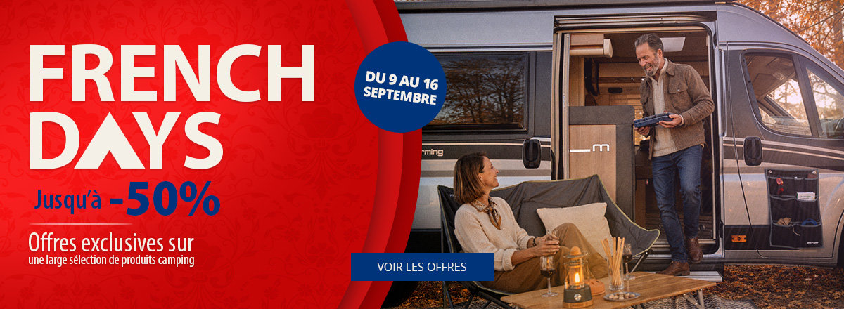 Bannière rouge avec texte blanc 'French Days' et un bouton bleu en dessous