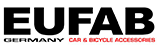 Schwarzer Schriftzug 'EUFAB' in Großbuchstaben, darunter kleinere schwarze Zeilen 'GERMANY' und 'CAR & BICYCLE ACCESSORIES' auf weißem Hintergrund