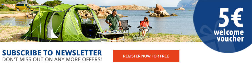 Bicycles and a family by the riverside with a 5 Euro voucher banner