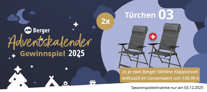 Banner mit Berger-Logo, Schriftzug "Adventskalender Gewinnspiel 2025", Kreis mit "2x", Schriftzug "Türchen 03", zwei anthrazitfarbene klappbare Sessel nebeneinander, kleine Textzeile mit Produktangabe und Teilnahmehinweis