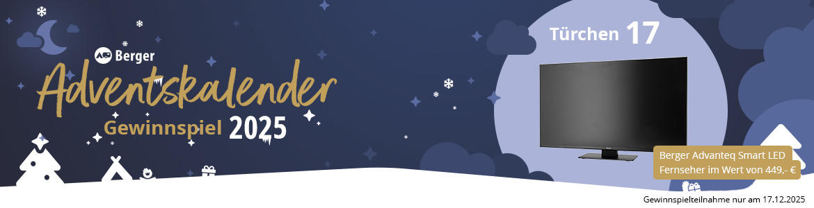 dark blue banner with moon and stars, left Berger logo and the text "Adventskalender Gewinnspiel 2025", lower left snowy landscape with three white fir trees, right a round opening labeled "T&uuml;rchen 17" showing a television inside