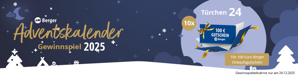 Banner amplio con cielo nocturno azul oscuro, luna creciente y estrellas, colinas nevadas y abetos a la izquierda, texto 'Berger Adventskalender Gewinnspiel 2025' a la izquierda, a la derecha un rectángulo con 'Türchen 24' y un cupón azul con '10x 100€ Gutschein', fecha pequeña abajo a la derecha
