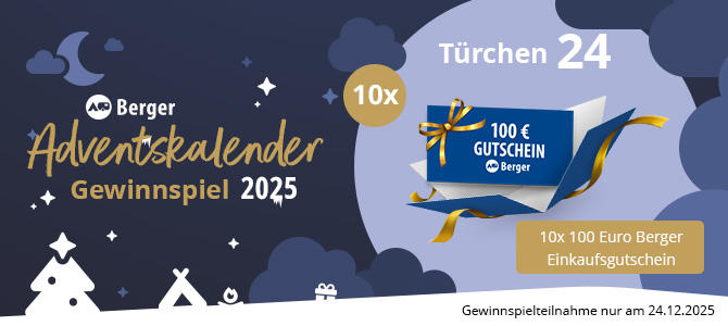 Banner con cielo nocturno azul oscuro, luna, estrellas y nubes; a la izquierda logo 'Berger' y texto 'Adventskalender Gewinnspiel 2025'; abajo paisaje nevado con abetos y casitas; a la derecha regalo con cupón azul '100 € GUTSCHEIN Berger', encima 'Türchen 24' y '10x', pie de página 'Gewinnspielteilnahme nur am 24.12.2025'