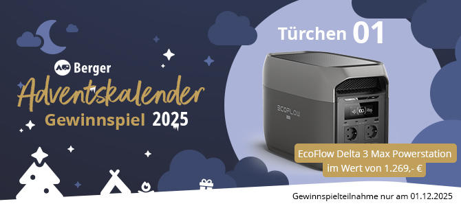 Banner mit Berger-Logo, Schriftzug 'Adventskalender Gewinnspiel 2025', Mond, Wolken, Sterne, Weihnachtsbaum- und Geschenk-Silhouetten, Schrift 'T&uuml;rchen 01', Bild einer EcoFlow Delta 3 Max Powerstation und Text 'im Wert von 1.299&euro;' sowie Hinweis 'Gewi