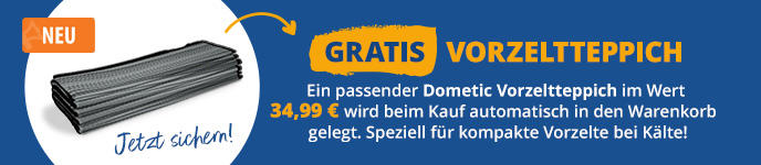 Blaues Banner mit eingerolltem grauem Teppich, orange NEU‑Badge, Pfeil, großer Text GRATIS VORZELTTEPPICH und kleine weiße Textzeile mit 34,99