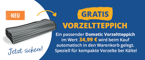 Gefalteter grauer Vorzeltteppich links; oben links oranger Kasten 'NEU' und gelber Pfeil zum Teppich; rechts gelber Pinselstrich mit Text 'GRATIS VORZELTTEPPICH'; darunter weißer Text 'Ein passender Dometic Vorzeltteppich im Wert 34,99 € wird beim Ka