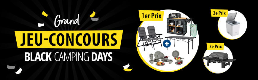 Banni&egrave;re noire avec texte blanc et jaune 'Gro&szlig;es BLACK CAMPING DAYS GEWINNSPIEL'. &Agrave; droite trois cercles bord&eacute;s de jaune libell&eacute;s '1. Platz', '2. Platz', '3. Platz' montrant des photos : deux chaises pliantes avec une table et du mat&eacute;riel de camping ; un appareil rectangulaire blanc ; une bo&icirc;te &agrave; bagages noire allong&eacute;e. Accents de confettis jaunes