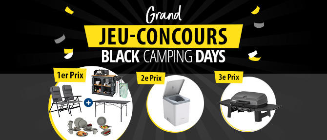 Fond noir avec le texte 'Gro&szlig;es BLACK CAMPING DAYS' et une banni&egrave;re jaune 'GEWINNSPIEL'. En dessous trois cercles avec &eacute;tiquettes jaunes '1. Platz', '2. Platz', '3. Platz' et images: chaises de camping, table et ustensiles de cuisine; machine &agrave; laver blanche; barbecue noir
