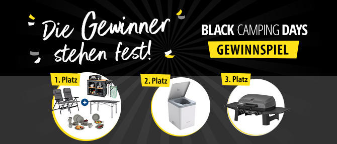 Schwarzes Banner mit Text 'Gro&szlig;es BLACK CAMPING DAYS' und gelbem Banner 'GEWINNSPIEL'. Darunter drei Kreise mit gelben Schildern '1. Platz', '2. Platz', '3. Platz' und Bildern: Campingst&uuml;hle, Tisch und Kochgeschirr; wei&szlig;e Waschmaschine; schwarzer Gri
