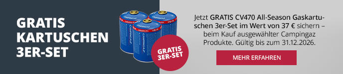 Drei blaue Gas-Kartuschen mit gelben Ventilen nebeneinander auf blauem Hintergrund; links gro&szlig;er wei&szlig;er Schriftzug 'GRATIS KARTUSCHEN'; rechts graues Textfeld mit kleingedrucktem Text und rotem Button 'MEHR ERFAHREN'