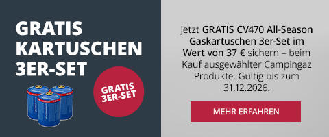 Linke H&auml;lfte: wei&szlig;er Text 'GRATIS KARTUSCHEN 3ER-SET', rotes rundes Siegel 'GRATIS 3ER-SET' und drei blaue Gaskartuschen. Rechte H&auml;lfte: grauer Hintergrund mit kleinem Text 'Jetzt GRATIS CV470 All-Season Gaskartuschen 3er-Set im Wert von 37 &euro; sichern