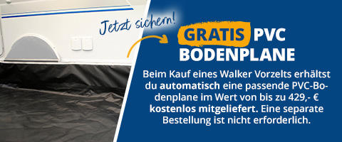 Linke Bildh&auml;lfte: schwarze PVC-Bodenplane unter einem wei&szlig;en Wohnwagen. Rechte Bildh&auml;lfte: blaues Feld mit handschriftlichem Text 'Jetzt sichern!', gelb hervorgehobenem Schriftzug 'GRATIS PVC BODENPLANE' und einem wei&szlig;en Absatztext &uuml;ber eine PVC-Bode
