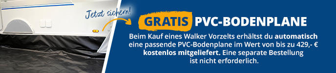 Teil eines wei&szlig;en Wohnwagens mit Rad links, blauer Hintergrund, gelber Kreis mit wei&szlig;er Aufschrift 'GRATIS', gro&szlig;er wei&szlig;er Schriftzug 'PVC-BODENPLANE', darunter kleiner deutscher Text