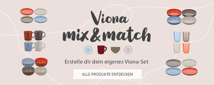 Bunte Teller, Schalen und Tassen umgeben den Schriftzug 'Viona mix & match' und den Text 'Erstelle dir dein eigenes Viona-Set' auf beigem Hintergrund
