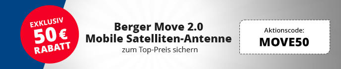 Graues Banner mit rotem Kreis links mit der Aufschrift 'EXKLUSIV 50 &euro; RABATT', mittig Text 'Berger Move 2.0 Mobile Satelliten-Antenne zum Top-Preis sichern', rechts wei&szlig;e Box 'Aktionscode: MOVE50'