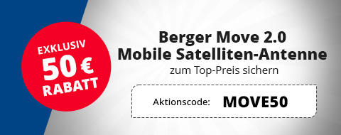 Roter Kreis links mit wei&szlig;em Text "EXKLUSIV 50 &euro; RABATT"; rechts schwarzer Text "Berger Move 2.0 Mobile Satelliten-Antenne"; darunter kleiner Text "zum Top-Preis sichern"; gepunktetes Feld mit Text "Aktionscode: MOVE50"