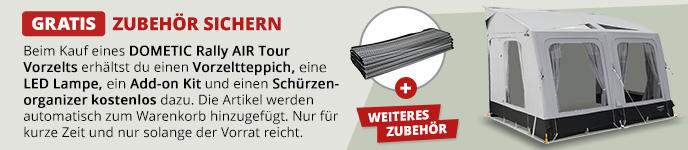 Beige Werbebanner mit roter &Uuml;berschrift 'GRATIS ZUBEH&Ouml;R SICHERN', deutschem Textblock links (u.a. 'DOMETIC Rally Air Tour') und rechts einem Wohnwagen mit grauem Vorzelt; rundes Symbol mit Schweizer Flagge und Schrift 'weiteres Zubeh&ouml;r'