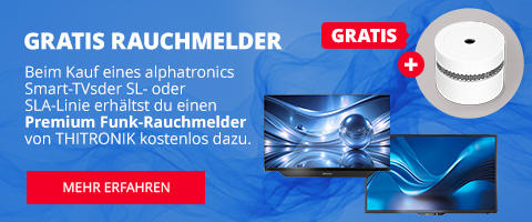 Blaues Banner mit gro&szlig;em wei&szlig;en Text 'GRATIS RAUCHMELDER', kleinem deutschem Textblock, rotem Button 'MEHR ERFAHREN', rundem wei&szlig;em Rauchmelder mit rotem Label 'GRATIS', Plus‑Symbol und Bildschirm mit blauen abstrakten Wellen