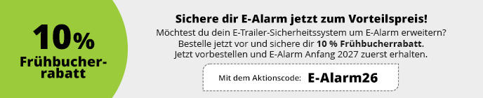 Banner mit gr&uuml;nem Kreis mit Text '10% Fr&uuml;hbucherrabatt', &Uuml;berschrift 'Sichere dir E-Alarm jetzt zum Vorteilspreis!', kleiner deutscher Begleittext, schwarzer Balken 'Mit dem Aktionscode: E-Alarm26' neben Produktbild