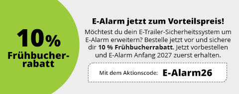 Linke Seite: gr&uuml;ner Kreis mit schwarzem Text '10% Fr&uuml;hbucher-rabatt'. Rechte Seite: &Uuml;berschrift 'E-Alarm jetzt zum Vorteilspreis!', darunter kleinerer Flie&szlig;text in deutscher Sprache und ein gestricheltes Feld mit 'Mit dem Aktionscode: E-Alarm26'