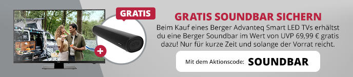 Werbebanner mit roter &Uuml;berschrift 'GRATIS SOUNDBAR SICHERN', erg&auml;nzendem Text, Bild einer schwarzen Soundbar mit Fernbedienung und kleinem Foto von Personen im Freien