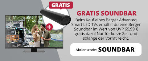 Werbebanner mit Fernseher links, Pluszeichen und schwarzer Soundbar, rechter Bereich mit Text 'GRATIS SOUNDBAR' und 'Aktionscode: SOUNDBAR'