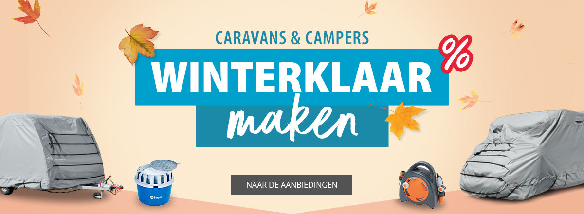 Desktop banner voor het Winterfest 2024. Aangeboden producten zoals caravan beschermhoezen