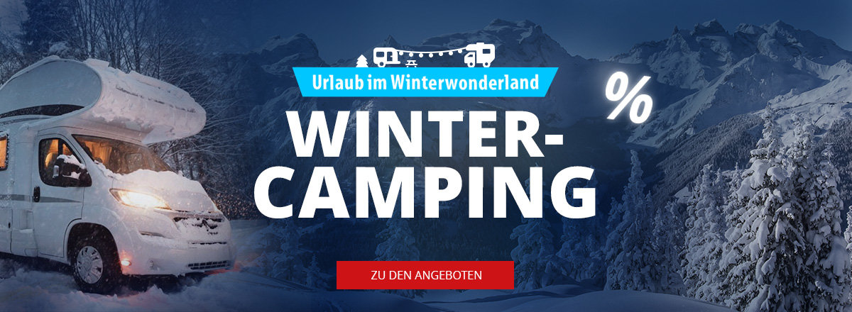 Desktop Slider Banner Winter-Camping Angebote mit winterlicher Hintergrund mit Van