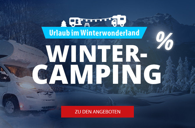 Mobil Slider Banner Winter-Camping Angebote mit winterlicher Hintergrund mit Van