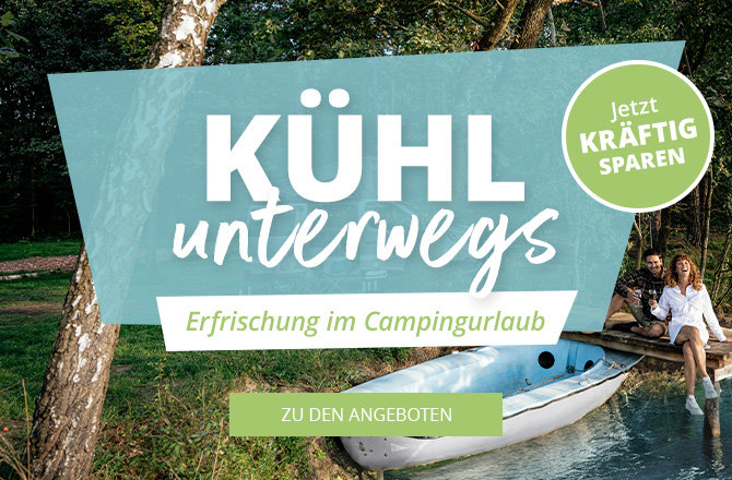 Mobil Slider Banner Kühl unterwegs. Erfrischung im Campingurlaub. Kräftig sparen mit tollen Angebote
