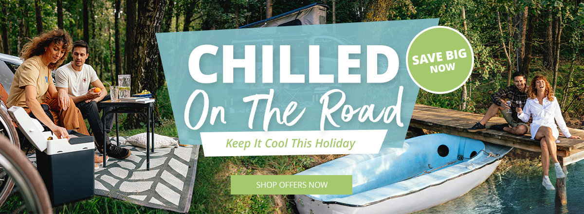Desktop Slider Banner Woman relaxing in a deck chair in the forest with cooler box next to her