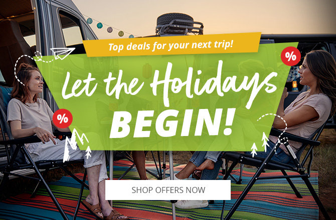 Mobile slider with reference to the vacation start with great offers. A group of people sitting at an outdoor table and chatting.