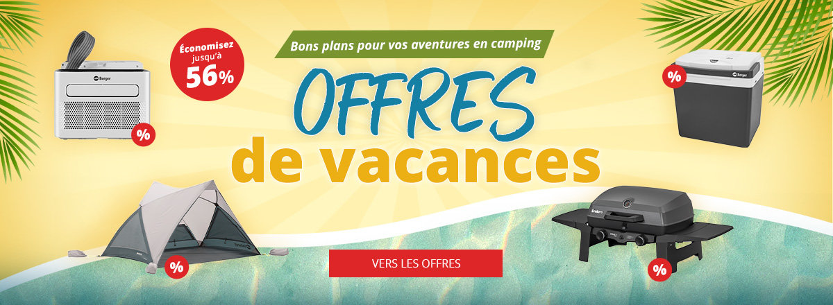 Desktop Slider pour le SALE de vacances. Réductions sur les glacières, les barbecues et les tentes