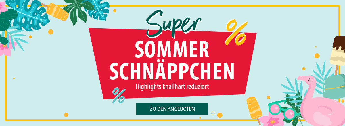 Bunte Grafik mit der Aufschrift Sommer Schnäppchen, umgeben von sommerlichen Symbolen wie einer Sonnenbrille, Eis, Muscheln und einer Kamera