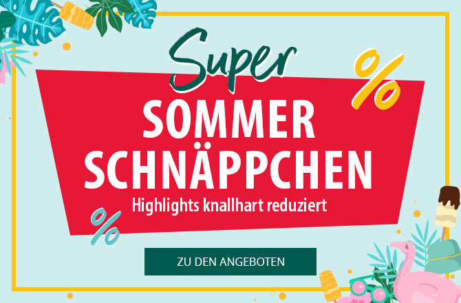 Rotes Schild mit weißem Text: Super Sommer Schnäppchen. Prozentzeichen oben rechts und unten links